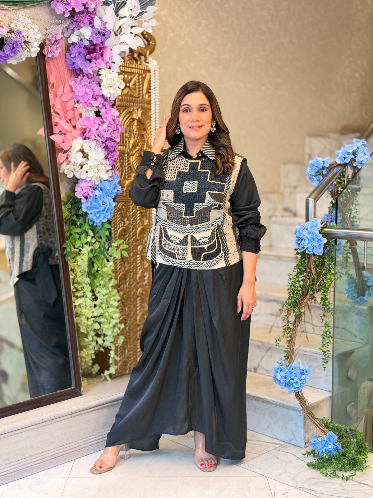 Black Mosiac Dhoti Set