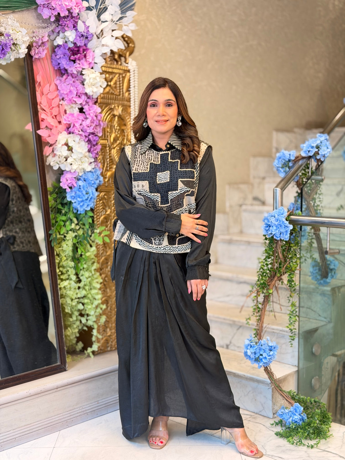 Black Mosiac Dhoti Set